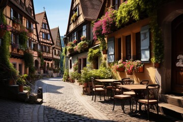Fototapeta premium Charming Bavarian village with half-timbered houses and flower-filled window boxes, Generative AI