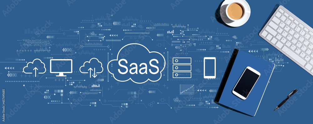Poster saas - software as a service concept with a computer keyboard and office items
