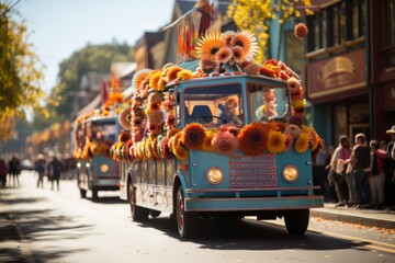 Colorful Oktoberfest parade featuring decorated floats, marching bands, and traditional costumes, Generative AI  - obrazy, fototapety, plakaty