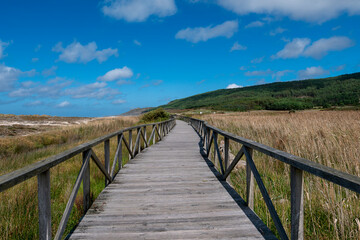 Traba beach boardwalk in Galicia, Spain