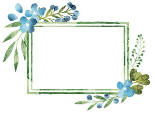 Floral frame with blue hydrangea flowers, green leaves, berries and ferns. Floral illustration. Floral decoration for wedding, invitations, cards, wall art.