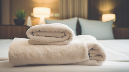 Hotel Room with Fresh Towels on Bed - obrazy, fototapety, plakaty