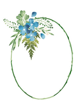 Floral wreath with blue hydrangea flowers, green leaves and ferns. Floral illustration. Floral decoration for wedding, invitations, cards, wall art.