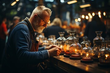 Skilled glassblower creating intricate beer steins at a craft stall, Generative AI 