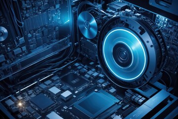 Computer Motherboard with processor illuminated by blue light Background, Technology business 3D style chipset circuit neon light glow Technology background