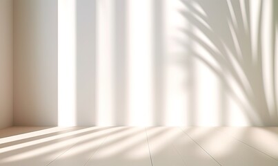 Minimalistic light background blurred palm tree leaves shadow on a light wall. Generated AI.