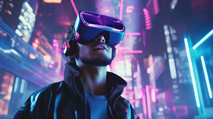 VR Metaverse Adventures: A Gamer Ventures into a Futuristic Cyber Gaming Universe Illuminated by Neon Ultraviolet Lights. - obrazy, fototapety, plakaty