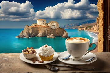 Cup with coffee overlooking the sea, sea view, resort with coffee, digital art style, ai generated