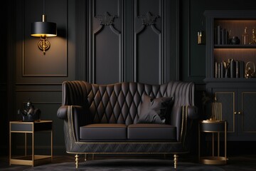 Room with sofa and armchair, living room, digital art style, ai generated
