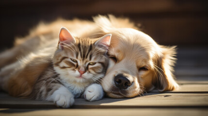 A dog hugs a cat