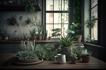 Fototapeta na wymiar Indoor plants, plants in the house, digital art style, ai generated