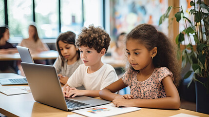 Multi ethnic Elementary Students Learning Computer Skills in Classroom