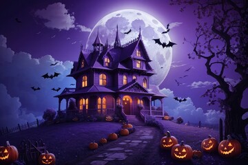 Fototapeta na wymiar Halloween house background with pumpkin and bats