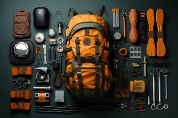Mountain climbing kit with climbing gear, ropes, and carabiners, Generative AI