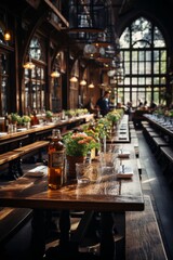 Fototapeta premium Beautifully decorated beer hall interior with long communal tables, Generative AI