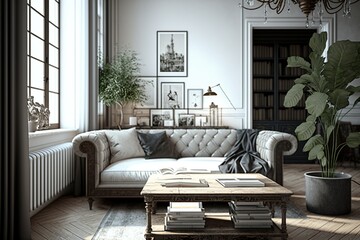 A room in a house, a room with a sofa, plants in the room, digital art style, ai generated