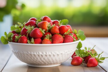 Strawberries in a white bowl closeup view. Fresh ripe fruits harvest, healthy eating