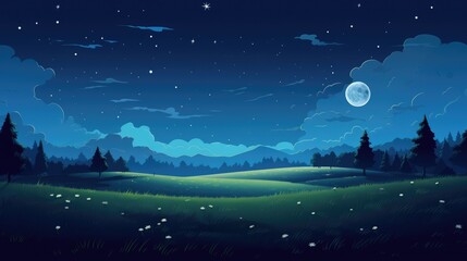 Fototapeta na wymiar Cartoon background of a serene beautiful green field with a starry sky, moonlight over the meadows, digital illustration, concept art