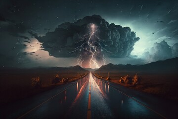 Lightning along the road, road and bad weather, digital art style, ai generated - obrazy, fototapety, plakaty