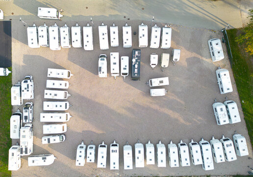 Aerial photo of a caravan storage yard showing rows of caravans