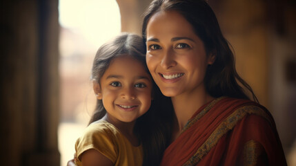 Radiant Traditions: An Indian Woman and Her Young Daughter, Both Adorned in Traditional Attire, Share Smiles as They Grace the Bustling Streets of a Vibrant Indian City.