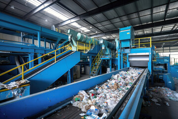 Waste sorting plant. Many different conveyors and bins. conveyors filled with various household waste. Waste disposal and recycling. Waste processing plant.