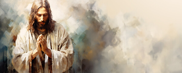 Religious Christian banner with copy space of Jesus Christ praying - artistic oil painting style