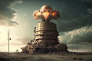 Nuclear explosion, house explosion, big bang, nuclear mushroom, digital art style, ai generated