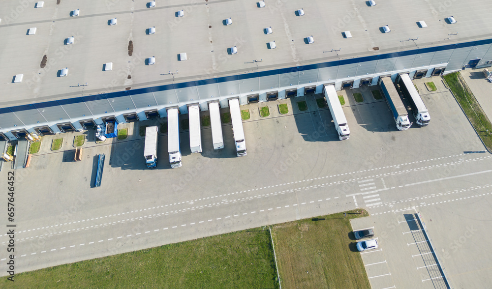 Wall mural Aerial view of goods warehouse. Logistics center in industrial city zone from above. Aerial view of trucks loading at logistic center