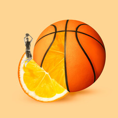 Young guy, basketball payer in motion, throwing ball. Orange slice. Metaphor. Contemporary art...