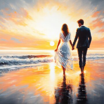 A painting of a man and a woman, holding hands and walking on a beach, with the sunset and the ocean in the background, expressing love and romance.