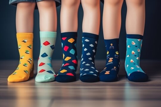 Legs with different a pair of mismatched socks . World Down syndrome day . 
