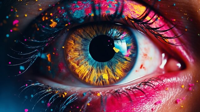 A close up of a person's eye with colorful paint all over it