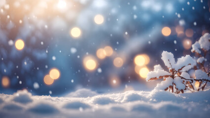 Fototapeta na wymiar Magical winter background with snow and soft light with bokeh background