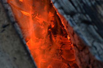Closeup of burning wood and charcoals