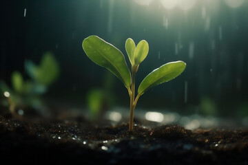 Small green sprout growing from the ground with drops of rain water at sunset. Generative AI.