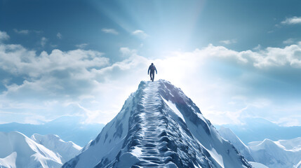 Goal to success, person climbing on route slope to snow covered mountain peak, human performance limit concept - Powered by Adobe
