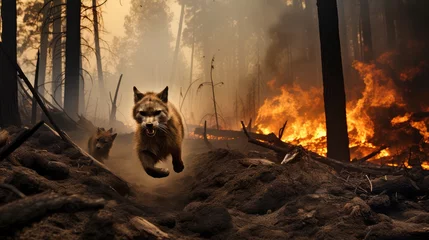 Tuinposter Animals Running Escaping To Save Their Lives from the burning forest. climate change, droughts and forest fires concept © zayatssv