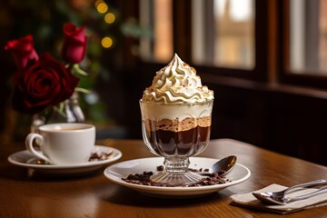 A beautifully served cup of Vienna coffee, topped with whipped cream and chocolate shavings, sitting on a rustic wooden table in a cozy Viennese cafe - obrazy, fototapety, plakaty