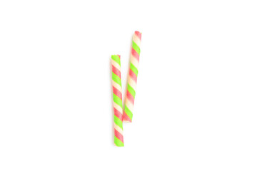 Colorful striped wafer stick rolls isolated on white background, Wafer stick rolls, Top view