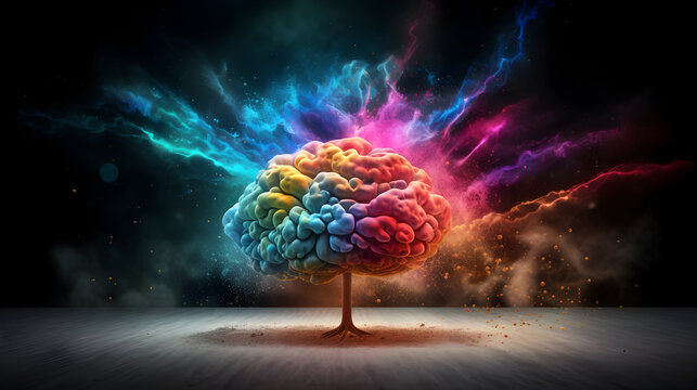 Human brain exploding with immense knowledge and creativity, colourful powder all around the brain on a dark background
