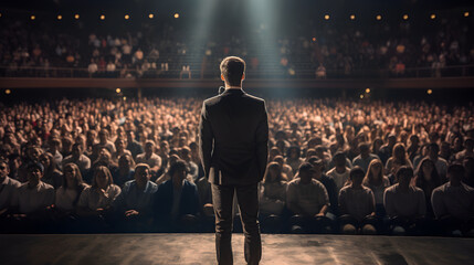 Motivational Speaker standing in front of the crowd in a full packed auditorium