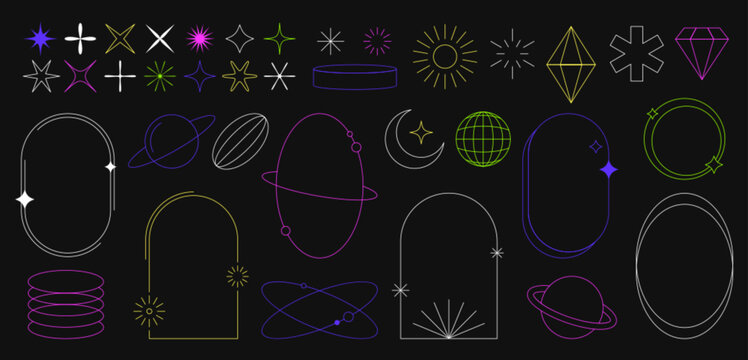 Modern minimalist y2k aesthetic elements set. Simple geometric design shapes, line figures in trendy retro style. Universal star, basic forms, sparks and arch frame with sparkles on black background.