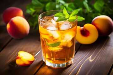 A refreshing glass of peach iced tea, garnished with a fresh slice of peach and mint leaves, sitting on a rustic wooden table in the warm summer sunlight