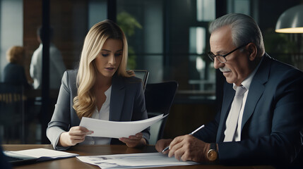 Two executives discussing accounting papers in office about Finance. Professional business manager consults elderly client holding legal documents at a meeting - obrazy, fototapety, plakaty