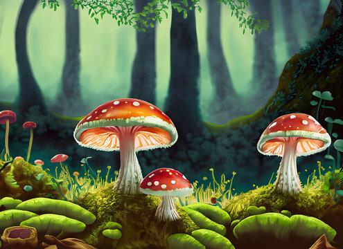 Mystical magic forest with fly agarics, illustration 