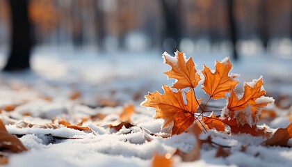 Orange maple leaf in the snow on the ground. Autumn leaf in the snow. Maple leaf covered in snow. Winter landscape. Snowy paysage. Snow. Nature in snow. Winter time. Cold weather - obrazy, fototapety, plakaty