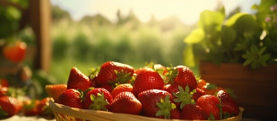 fresh strawberries cut with a knife on the background of fruits in the basket