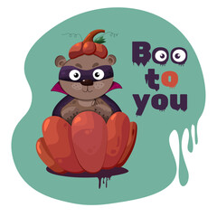 The cute brown halloween bear with the violite mask. Vector illustration with the cute halloween isolated bear