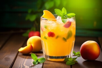 Fototapeta premium A refreshing glass of Peach and Mango Fizz, garnished with fresh mint leaves, served on a rustic wooden table under soft sunlight
